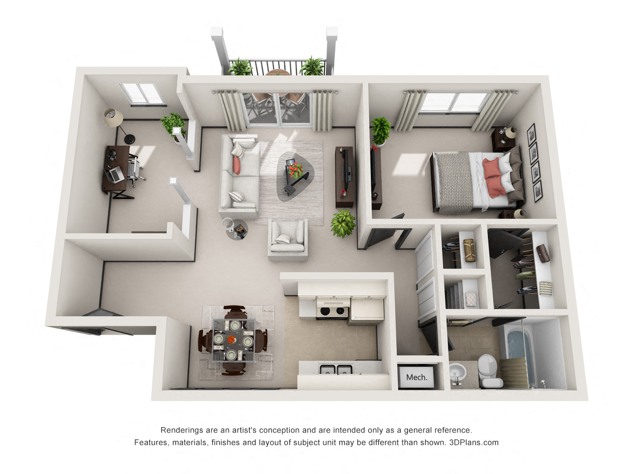 Floor plan for 1 bed, 1 bath, 710 sqft